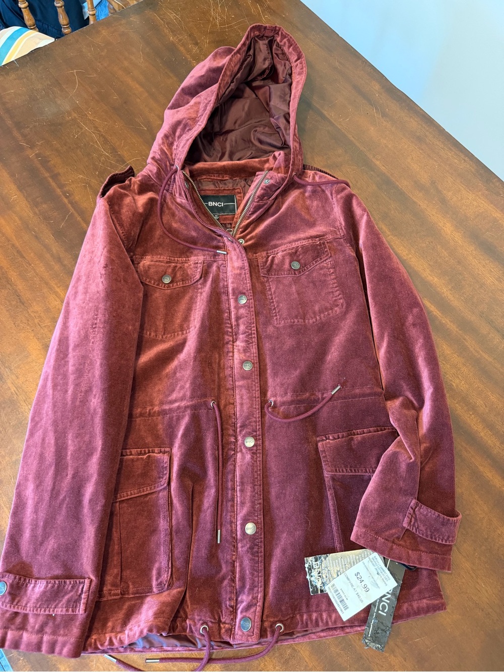 Velvet Hooded women’s  Jacket in Burgundy